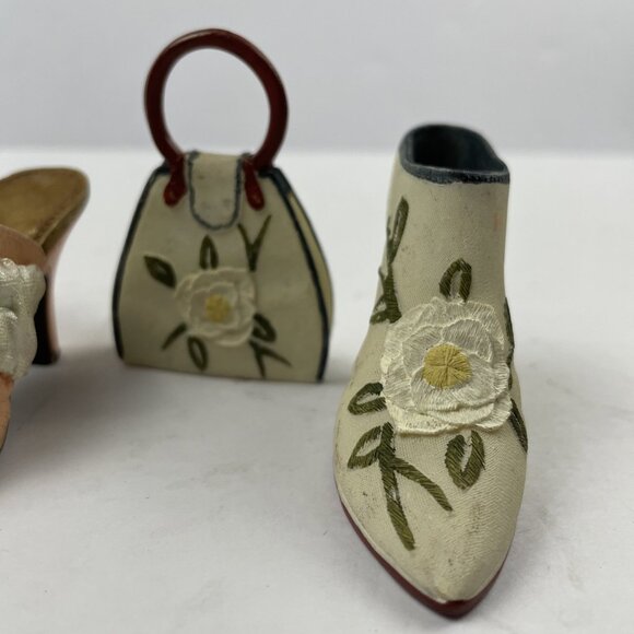 Vintage Miniature Ceramic 3” Shoe And Purse High Heels Floral Lot Of 2 - Picture 2 of 10
